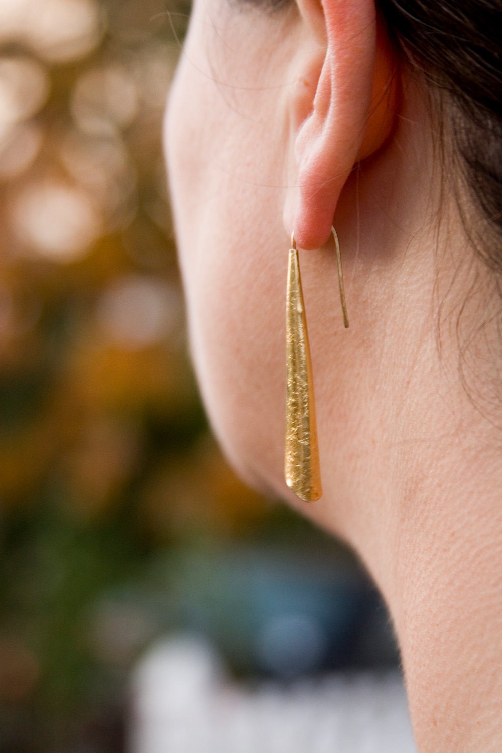 Long Dangle Gold Earrings - Hammered 22k Gold and blackened silver cones-  solid18k gold hooks