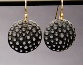 Blackened Sterling Silver Punched Hole Earrings w/ solid 18k hooks, Small Round Dangle