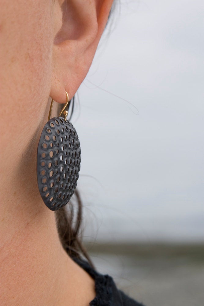 Blackened Sterling Silver Punched Hole Earrings w/ solid 18k hooks, Large Round Dangle