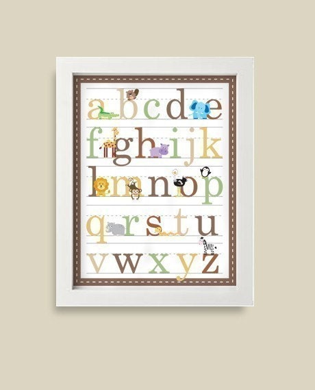 Alphabet Nursery Art Safari Zoo Animal Poster -11x14