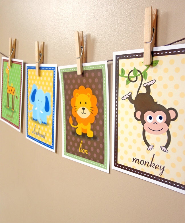 Set of 4 Safari Zoo Animal Alphabet Prints - 5x7