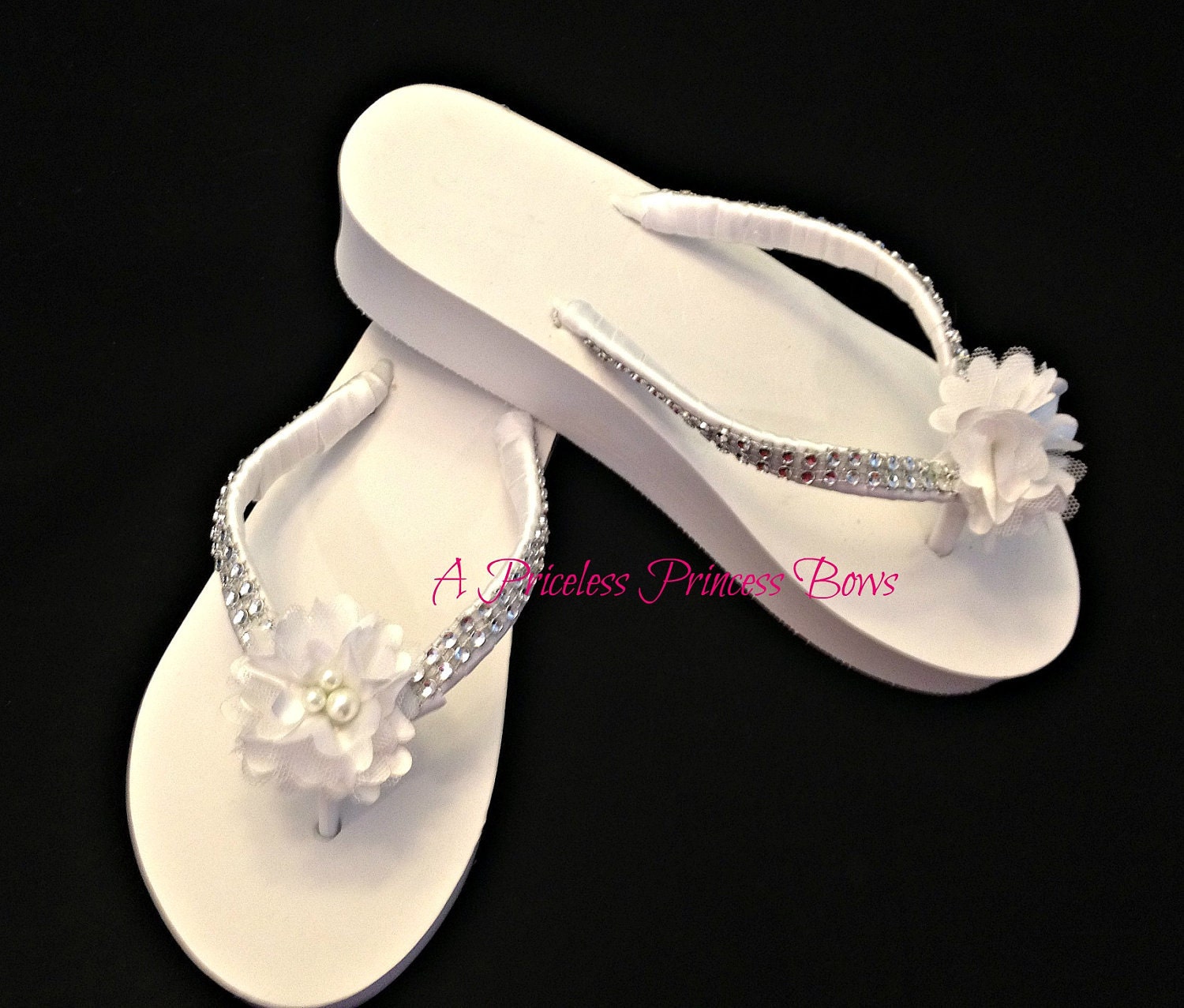 Bridal Wedge White Satin Flower & Pearls Flip Flops Bling Wedding Beach