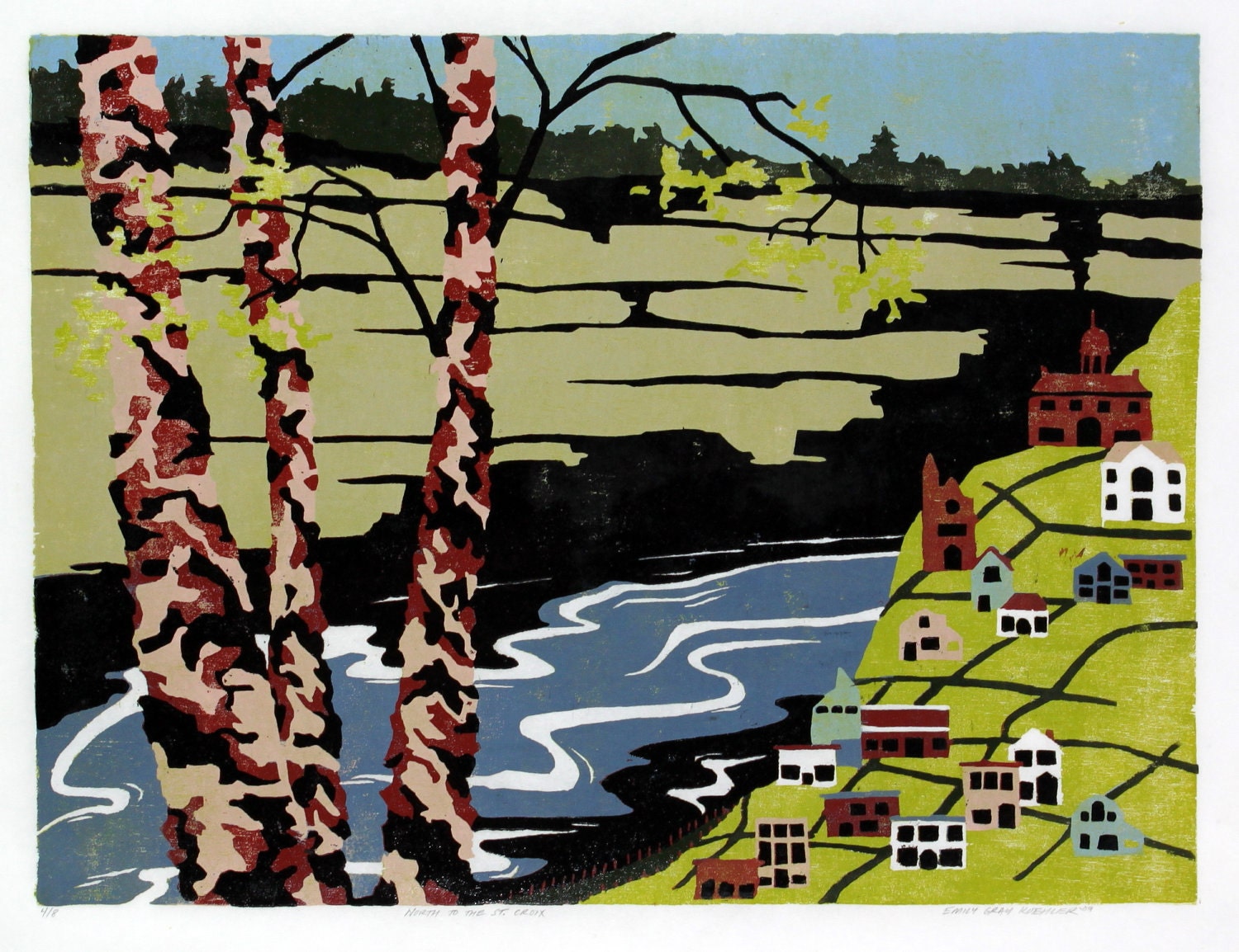 North to the St. Croix - Original Color-Reduction Woodcut