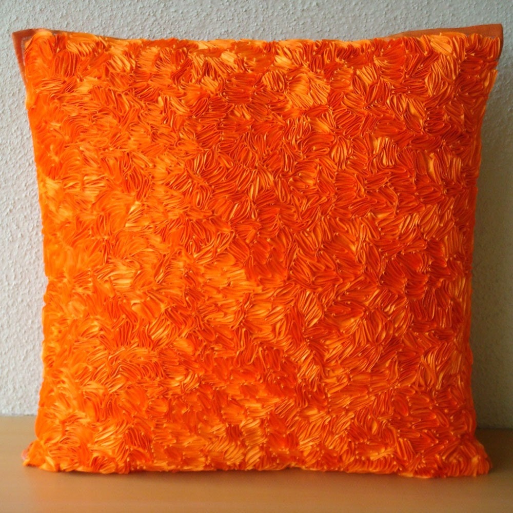 Orange Peel - Throw Pillow Covers - 16x16 Inches Silk Pillow Cover with Satin Ribbon Embroidery