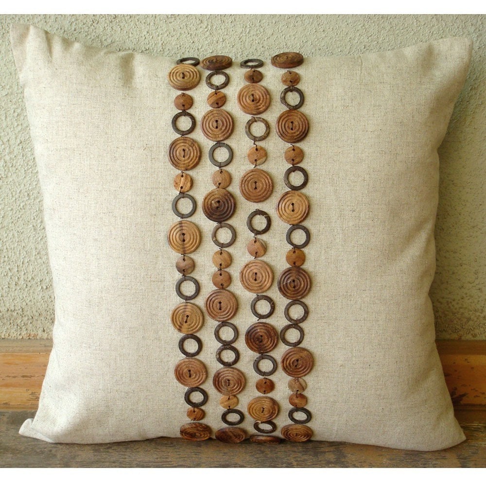 Wood Space - Pillow Sham Covers - 24x24 Inches Linen Pillow Sham Cover with Wooden Beads