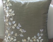 Silver Beauty - Throw Pillow Covers - 16x16 Inches Silk Pillow Cover with Mother of Pearl and Leather Embroidery