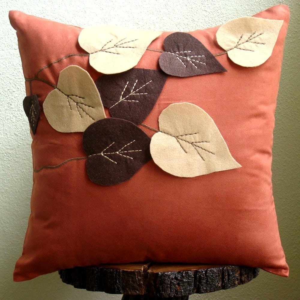Spring Leaves - Decorative Pillow Covers - 16x16 Inches Suede Pilllow Cover with Felt Embroidery