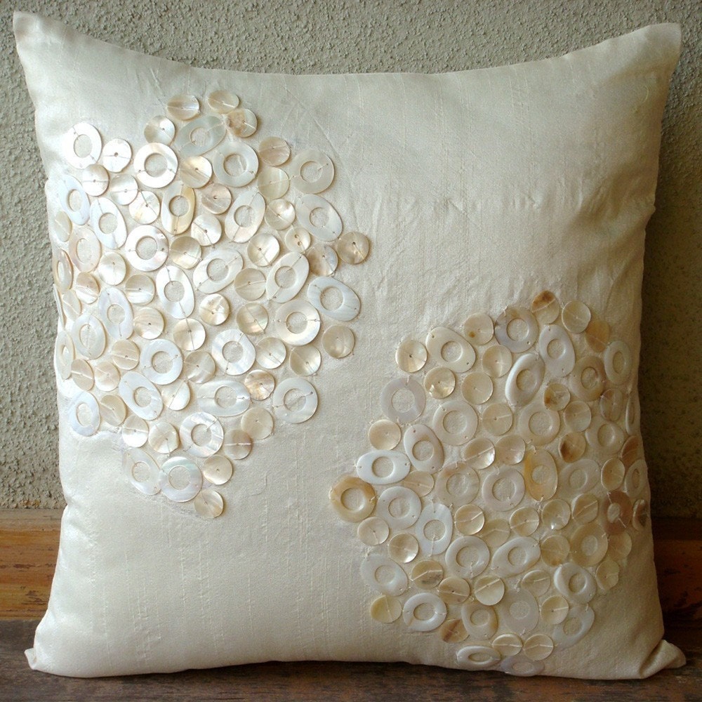Pearl Drops - Throw Pillow Covers - 16x16 Inches Silk Pillow Cover with Mother Of Pearl Embroidery