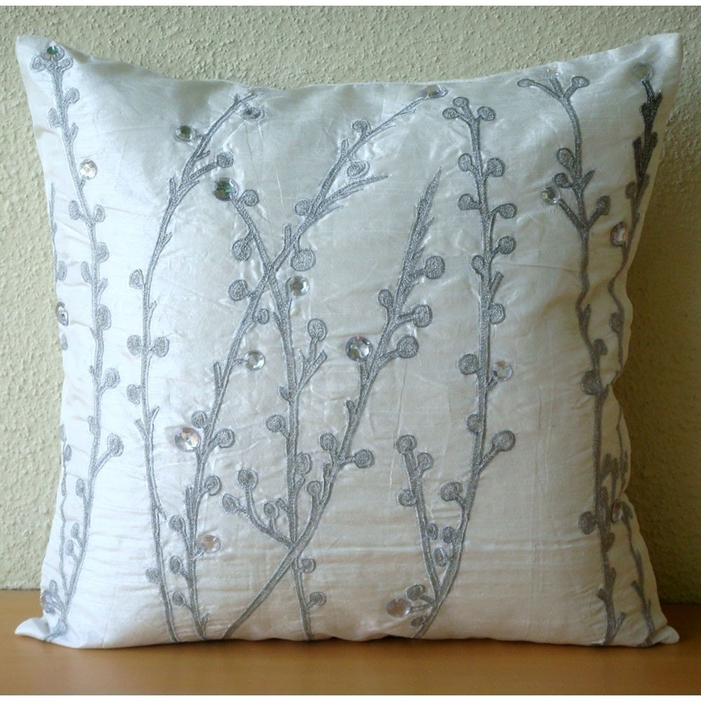 Crystal Willow - Throw Pillow Covers - 16x16 Inches Silk Pillow Cover with Embroidery and Crystals