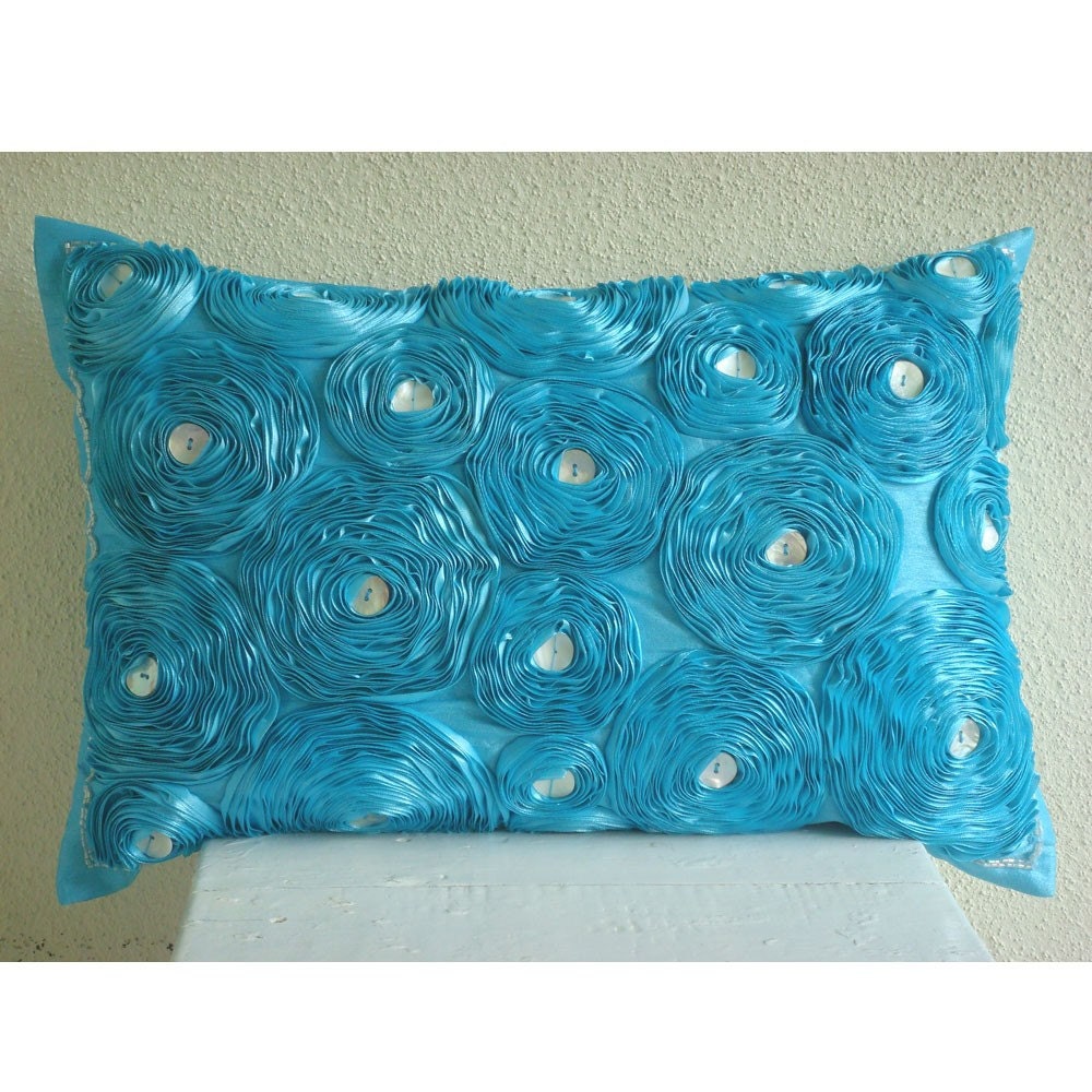 Aquamarine Roses - Oblong / Lumbar Throw Pillow Covers - 12x18 Inches Silk Pillow Cover with Satin Embroidery