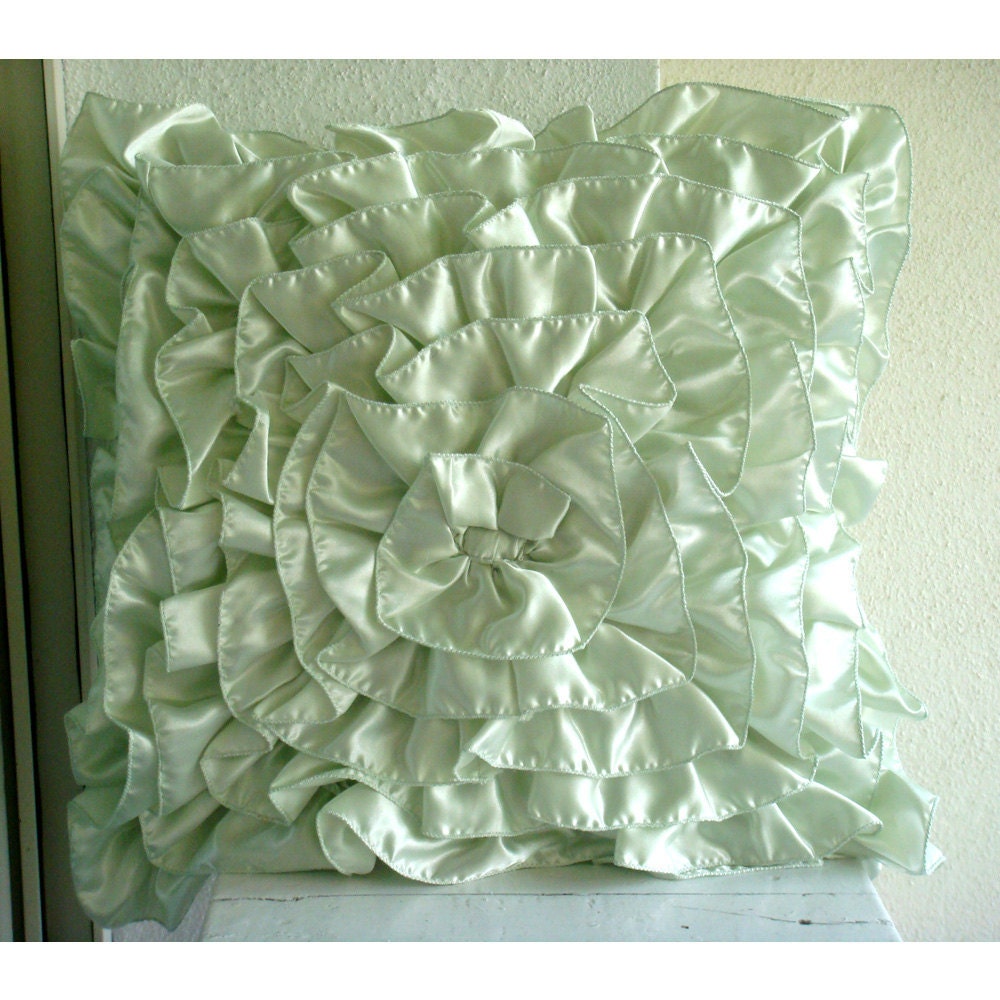 Mint Green Ruffles - Throw Pillow Covers - 16x16 Inches Crushed Satin Pillow Cover with Ruffles - TheHomeCentric