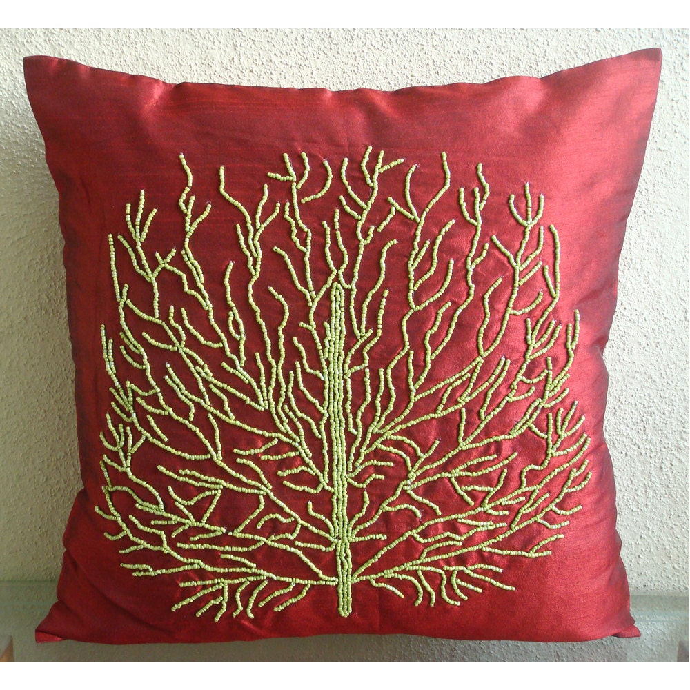 Tree Of Joy - Throw Pillow Covers - 16x16 Inches Silk Pillow Cover with Bead Embroidery