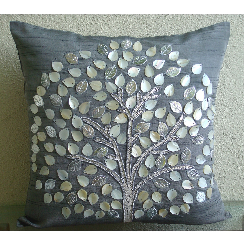 Silver Hope Tree - Throw Pillow Covers - 16x16 Inches Silk Pillow Cover with Mother Of Pearl & Silver Leather Embroidery