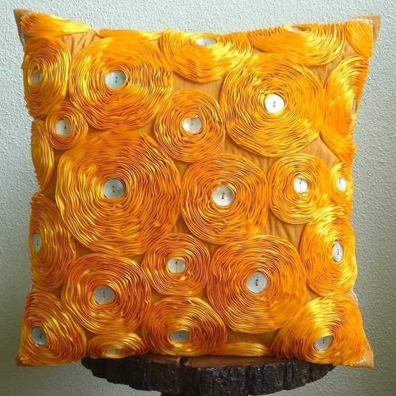 Marigolds - Throw Pillow Covers - 20x20 Inches Silk Pillow Cover with Satin Embroidery