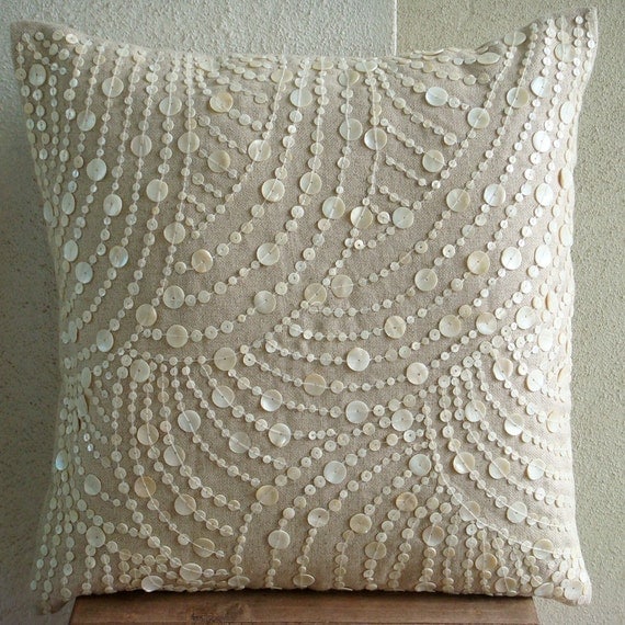 Dreams N Pearls - Throw Pillow Covers - 18x18 Inches Cotton Linen Pillow Cover with Mother Of Pearl