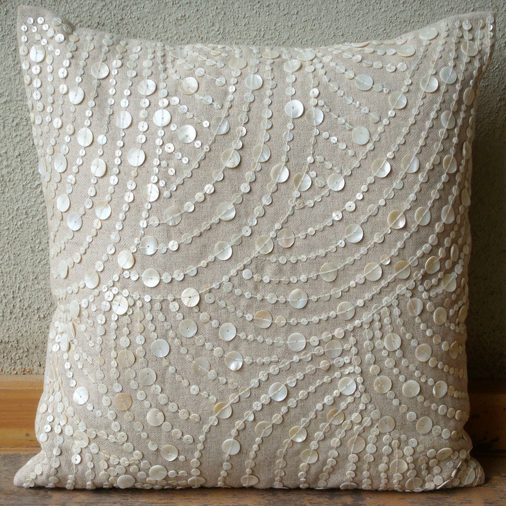 Dreams N Pearls - Throw Pillow Covers - 18x18 Inches Cotton Linen Pillow Cover with Mother Of Pearl