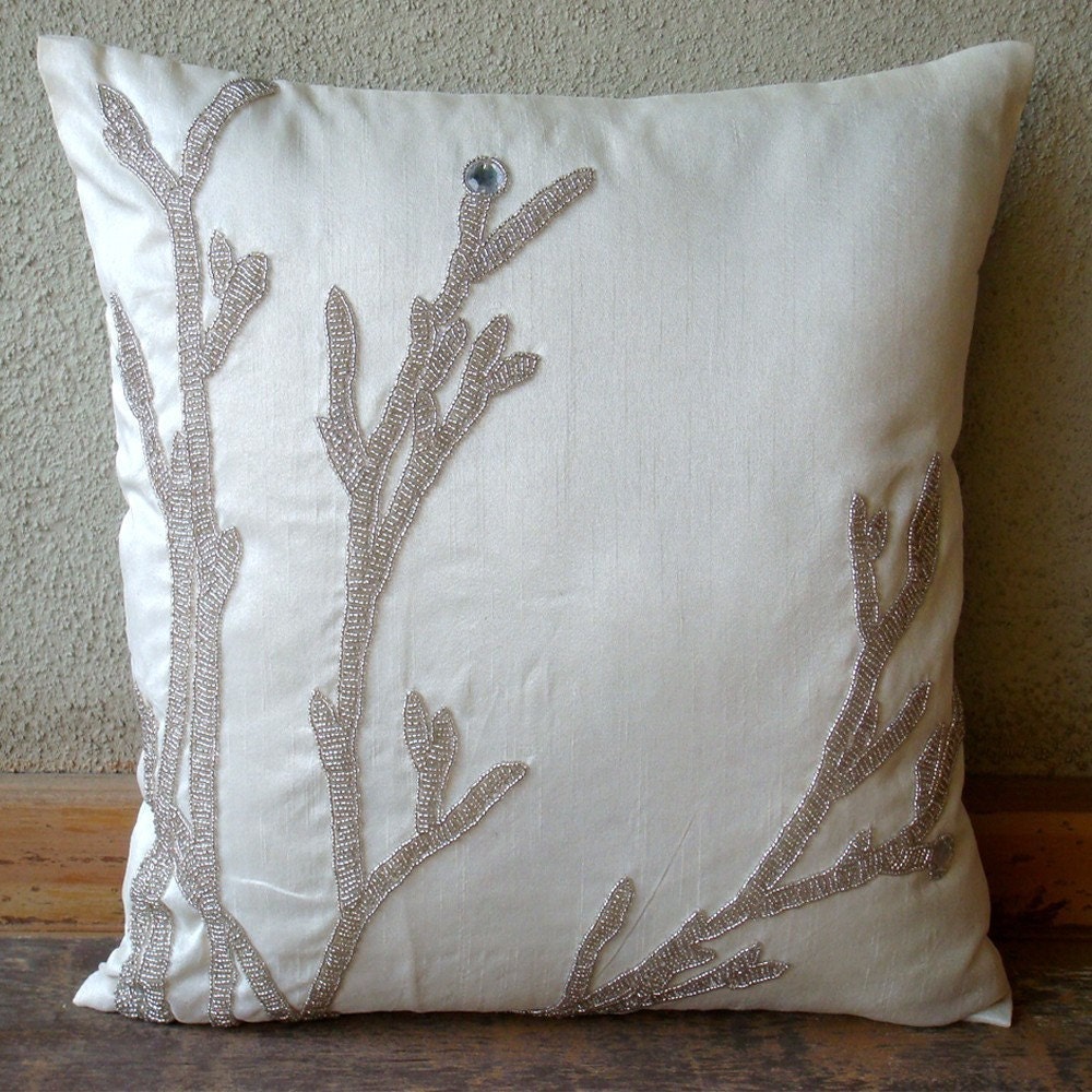 Throw Pillow Covers 16x16 Inches White Silk Cover Accent Pillow Decorative Pillow Couch Pillow Sofa Pillow Bead Embroidery Silver Willow