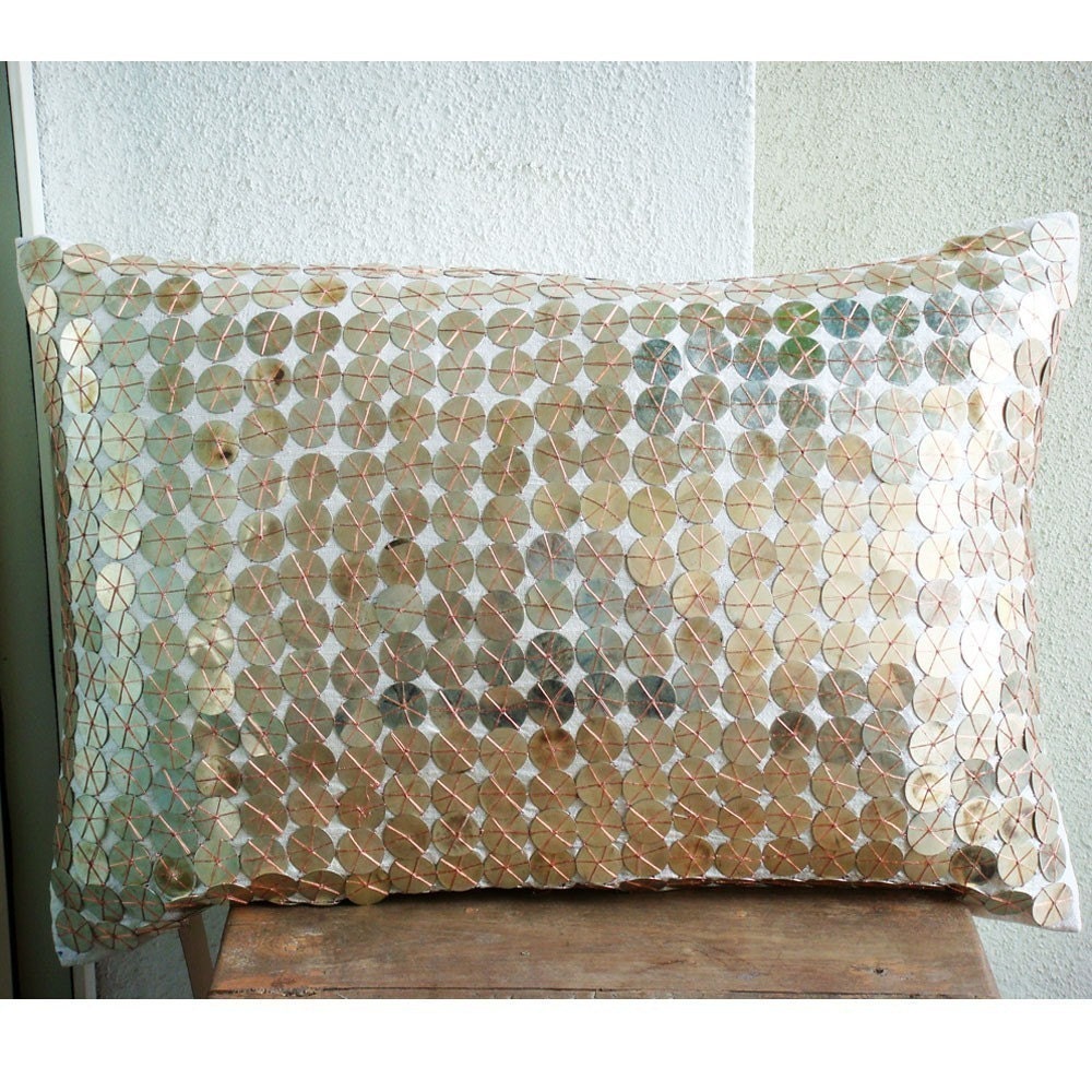 Sparkling Antique Silver-Oblong/Lumbar Throw Pillow Covers-12x18 Inches Silk Pillow Cover with Antique Silver Coin Emellishment