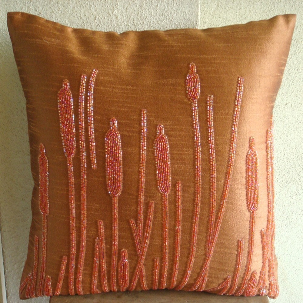 Rusted Beauty - Throw Pillow Covers - 16x16 Inches Silk Pillow Cover with Bead Embroidery