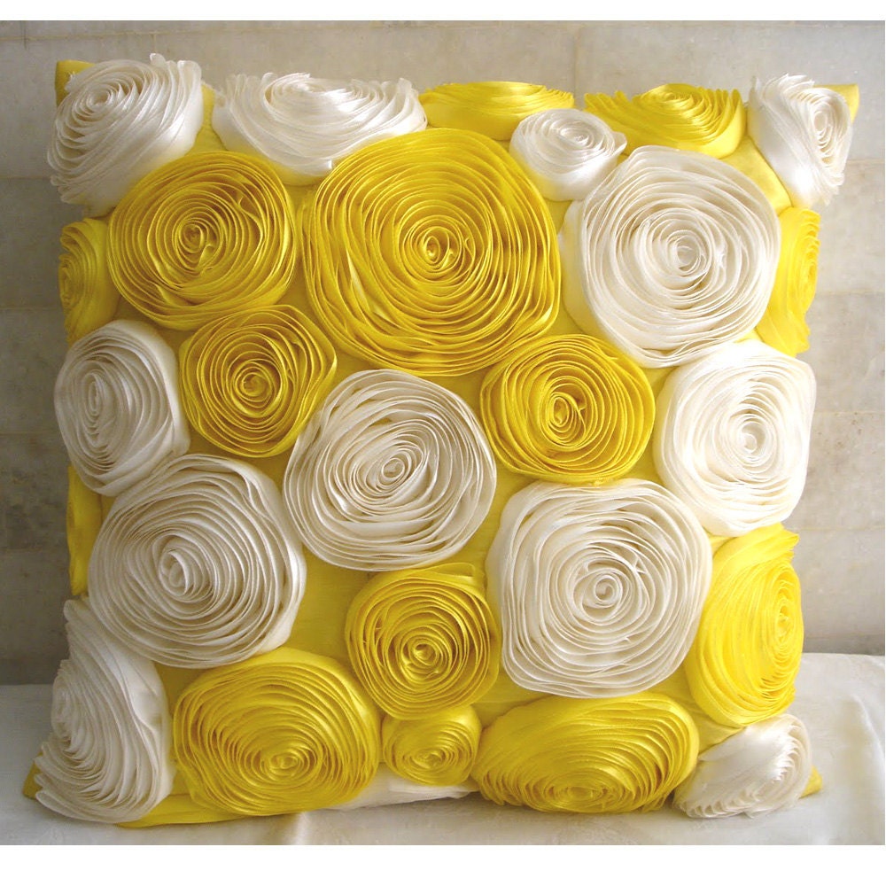Sunny Yellow Blooms - Throw Pillow Covers - 18x18 Inches Silk Dupioni Pillow Cover with Satin Ribbon Embroidery