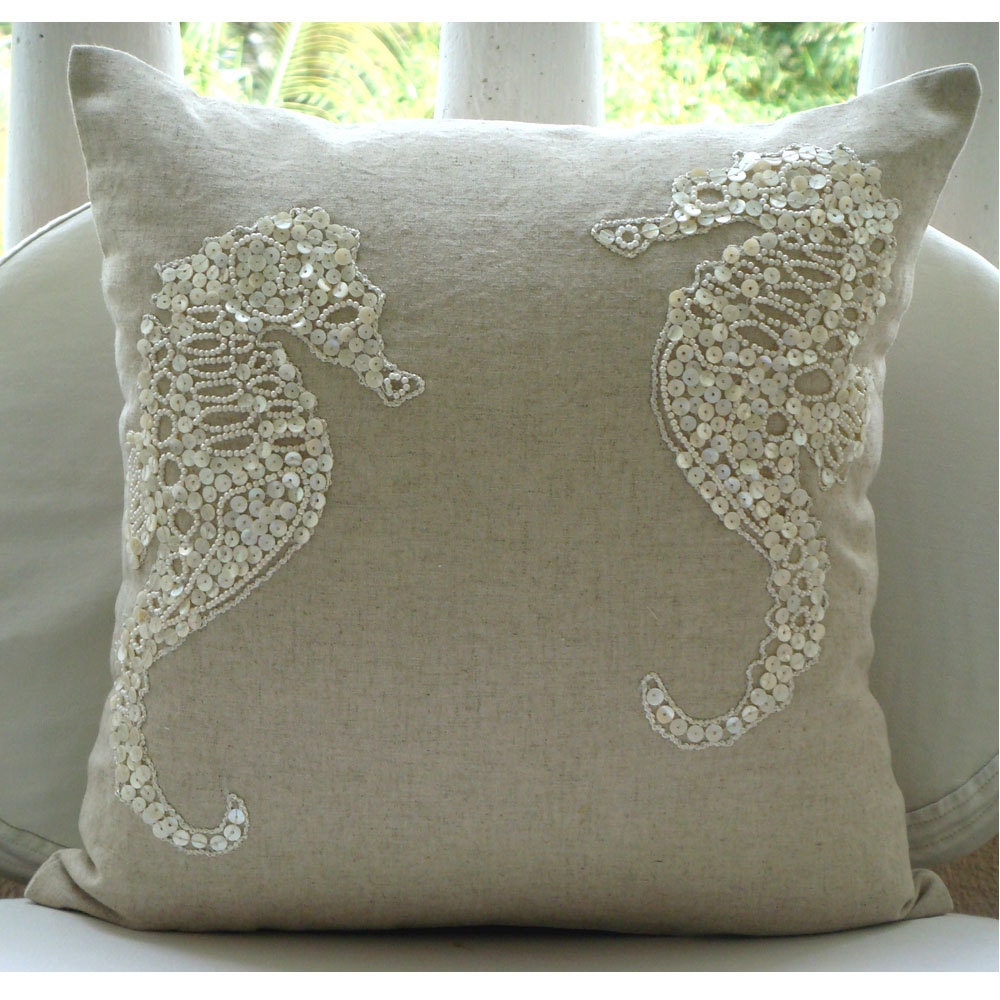 Sea Horse Pearls - Throw Pillow Covers - 16x16 Inches Linen Pillow Cover with Pearl Embroidery