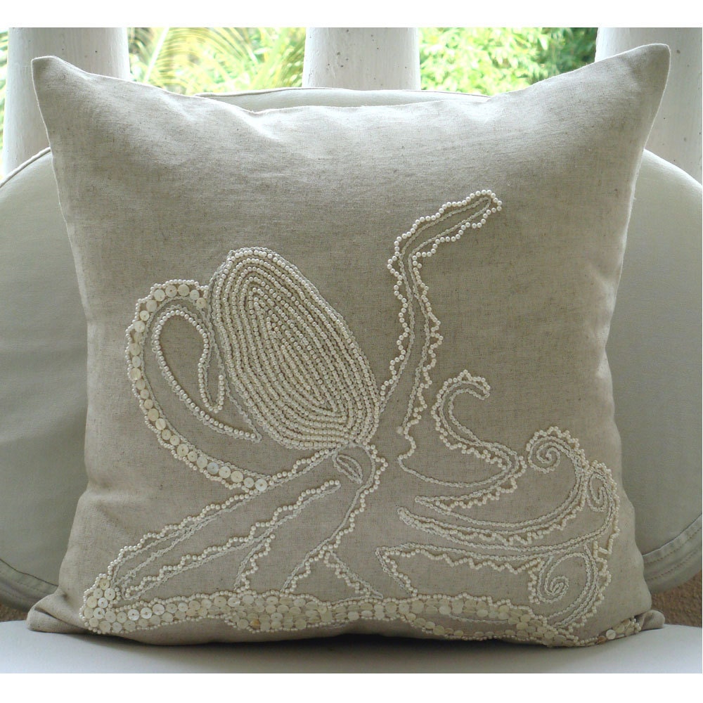 Decorative Throw Pillow Covers Accent Couch Sofa Toss Pillow 16 Inch Linen Pillow Mother Of Pearl Embroidered Bedroom Home Decor - Octopus