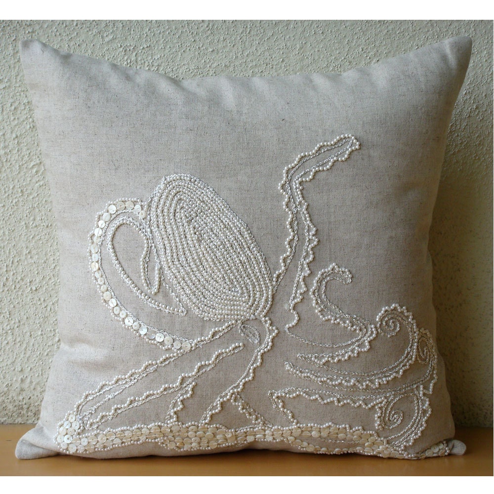 Decorative Throw Pillow Covers Accent Couch Sofa Toss Pillow 16 Inch Linen Pillow Mother Of Pearl Embroidered Bedroom Home Decor - Octopus