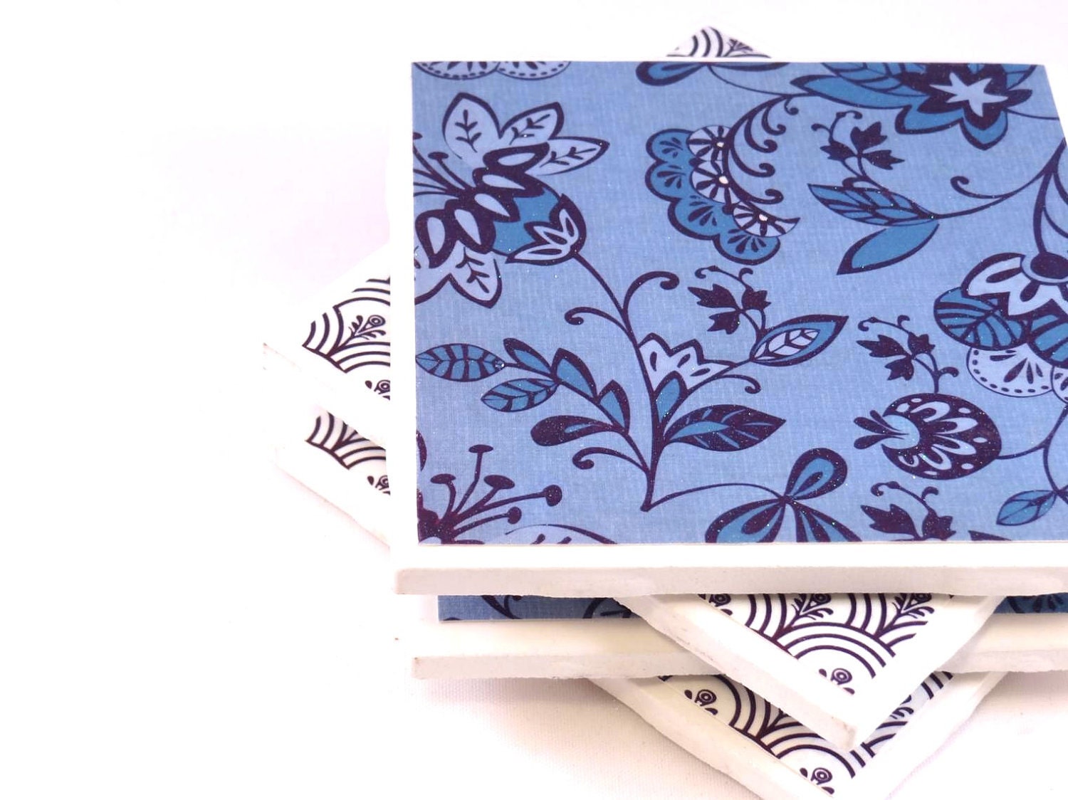 Tile Coasters - Mix and Match - Set of 4 Coasters (Monaco Blue and White)