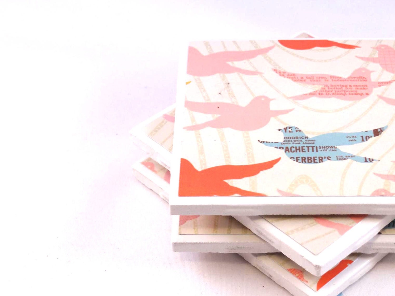 Ceramic Tile Coasters - In Flight (Pink Blue and Orange Birds) Set of 4