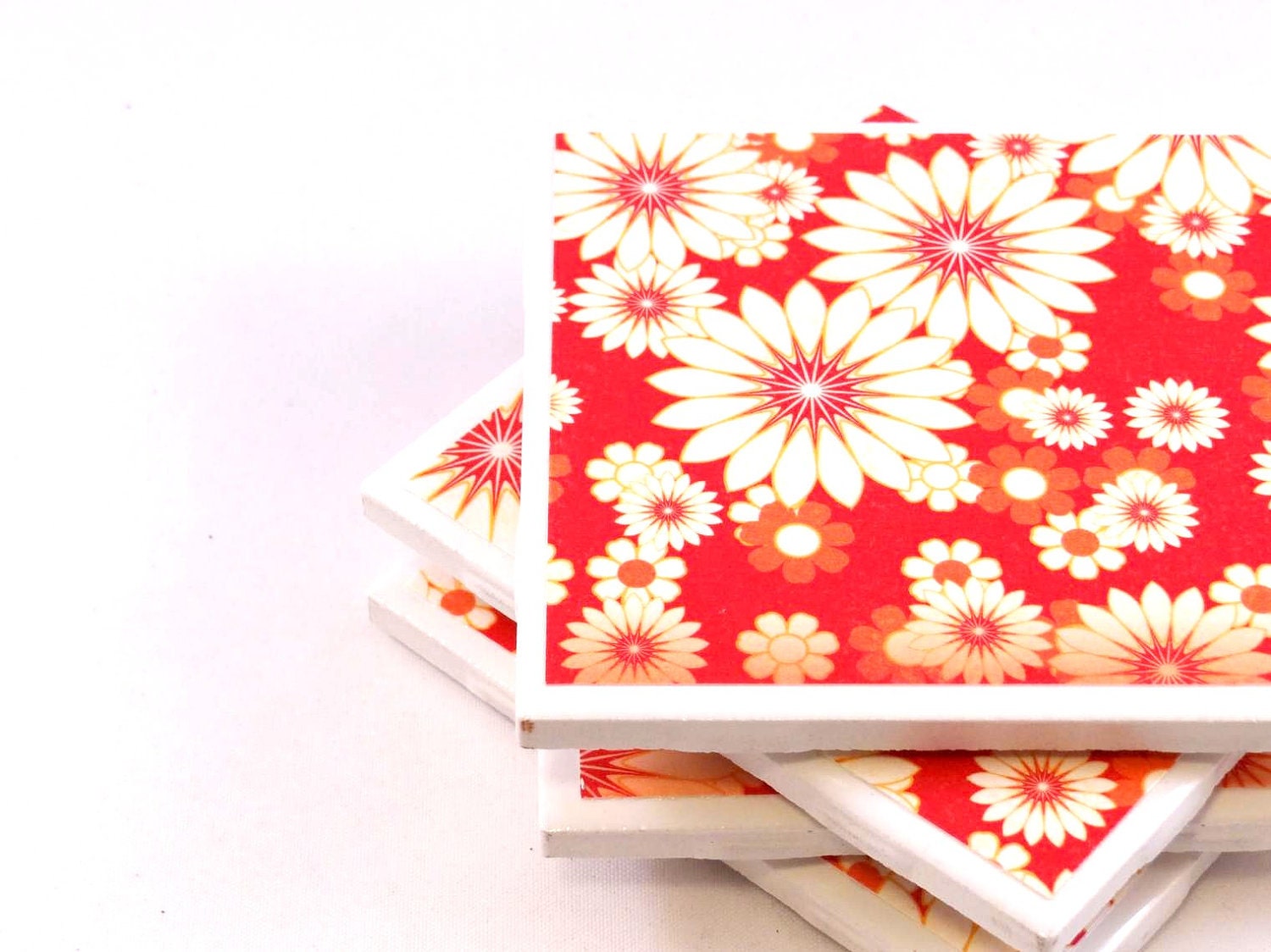 Ceramic Tile Coasters - Red, Orange and White Floral - Set of 4 - littlecoastergnome