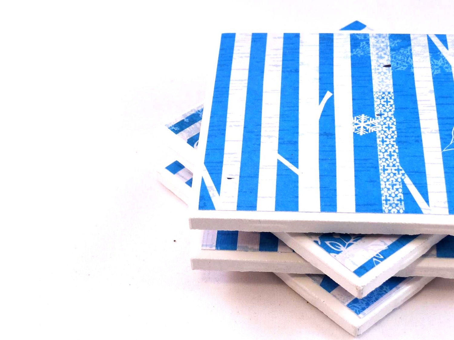 Tile Coasters - Bright Blue and White Trees - Set of 4 Ceramic Tile Coasters