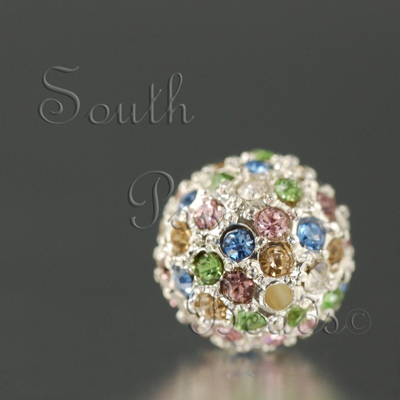 10mm pave crystal bead, Silver with Multi Light Crystals (1)