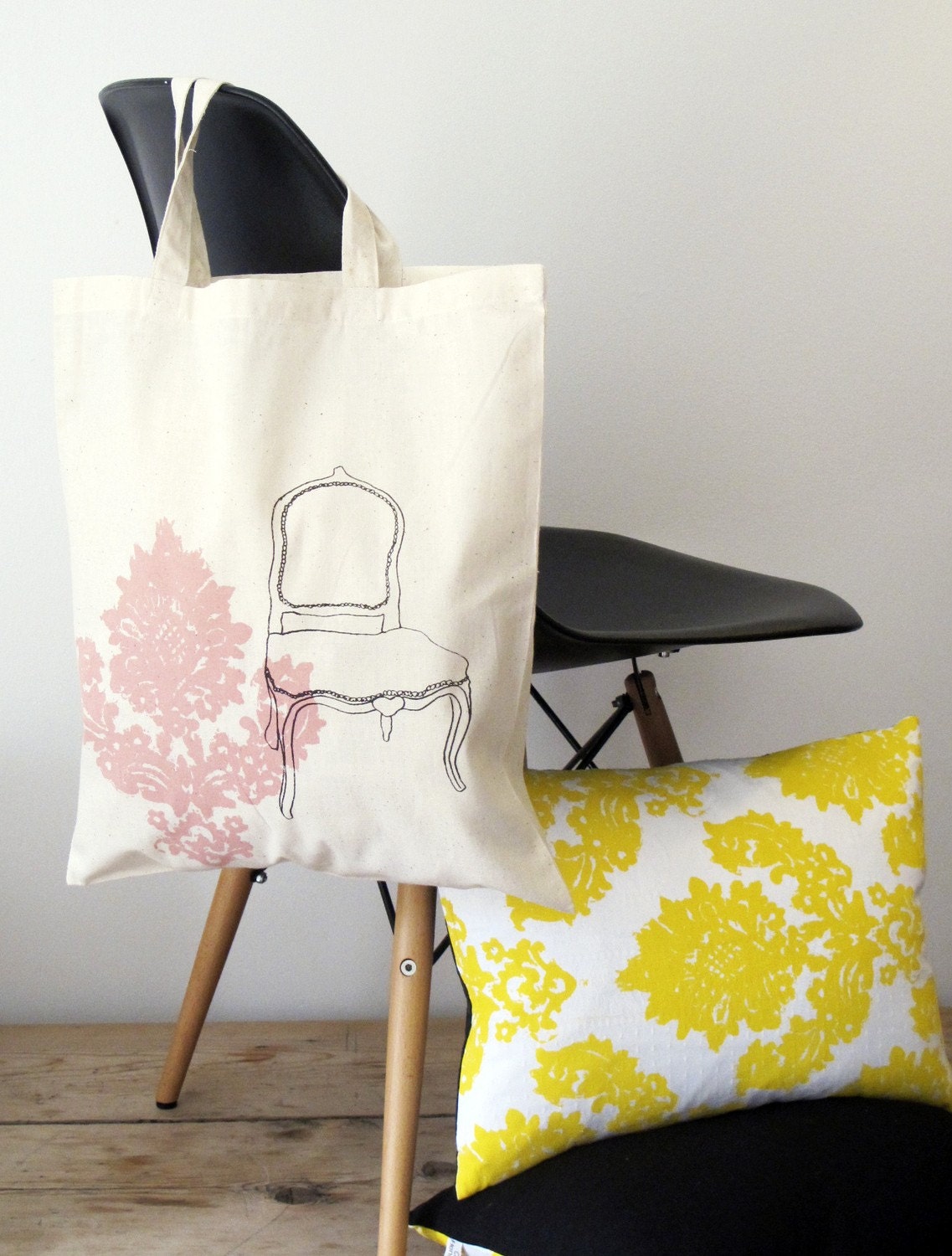 Hand printed eco tote bag, pink chair