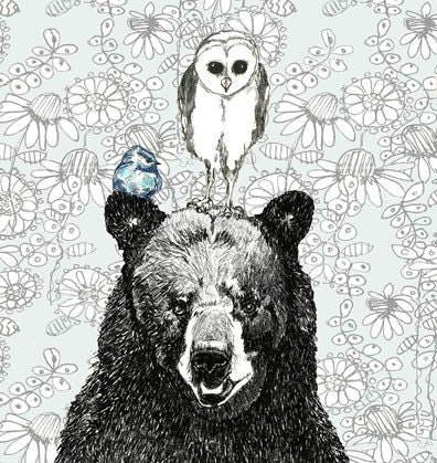 Bear Art  - Three's A Crowd - Bear Owl and Blue Bird Drawing