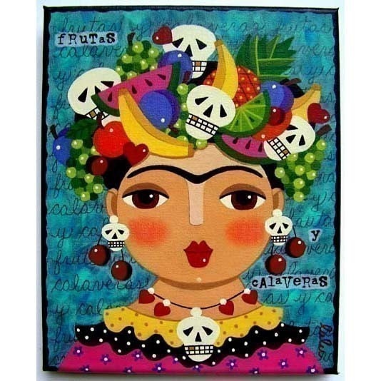 Frida Kahlo Fruits and Skulls 8 x 10 PRINT of folk art painting by LuLu