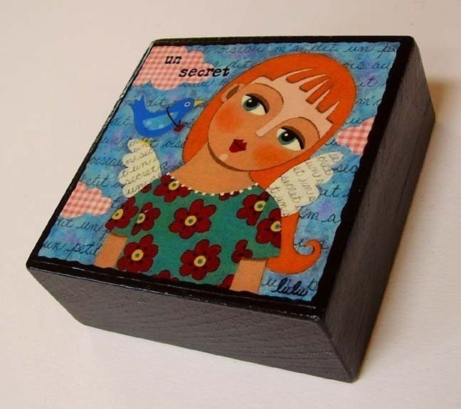 Angel and Blue bird large 8 x 8 Small Wood Block Print by LuLu