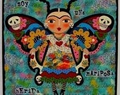 Frida Kahlo Butterfly 8 x 8 PRINT of folk art painting by LuLu