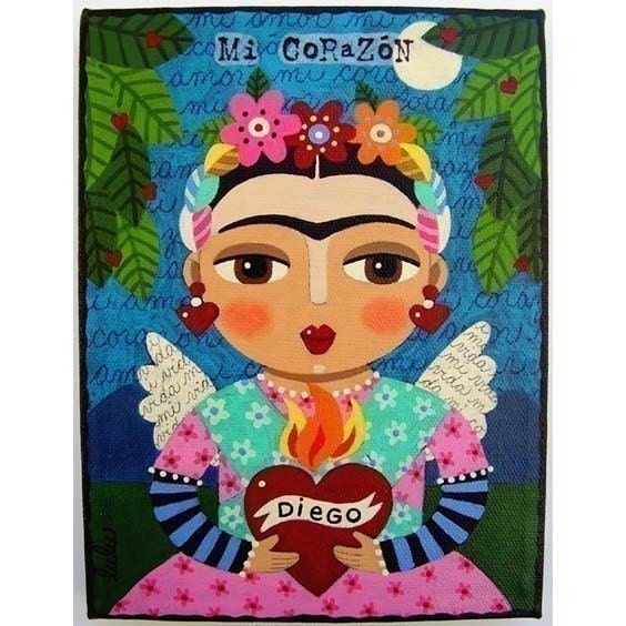 Frida Khalo Flaming Heart Angel 6x8 Print of Folk Art Painting by LuLu