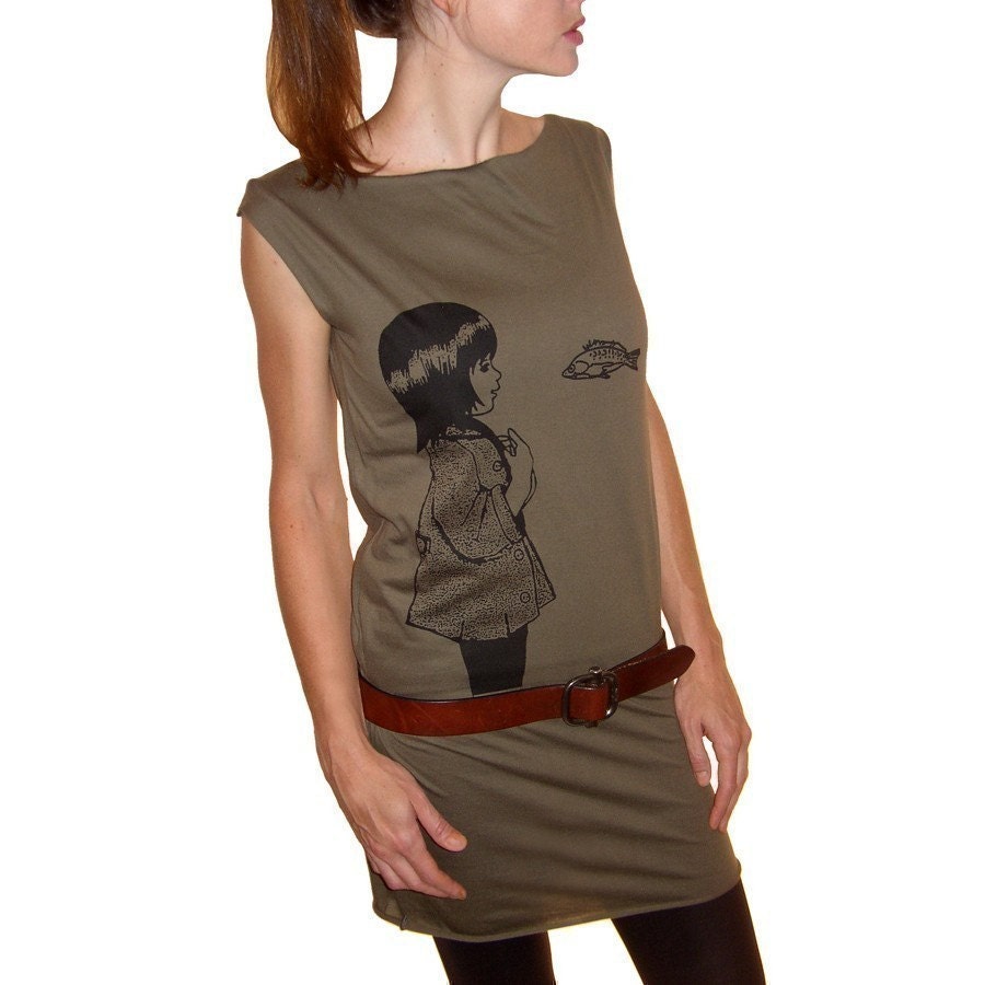 Underwater Kate tshirt dress - eco-friendly black ink screenprint on army cotton - size Small (2 left in stock)