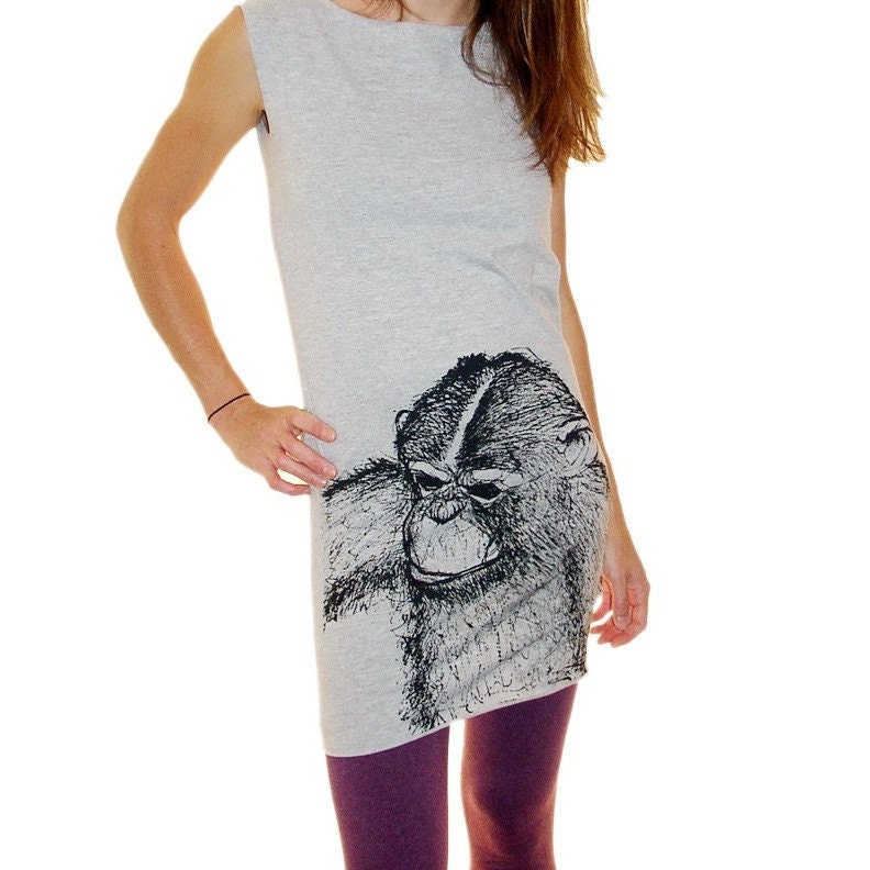 Monkey tshirt dress - eco-friendly black ink screenprint on heather grey cotton - womens sizes S, M, L