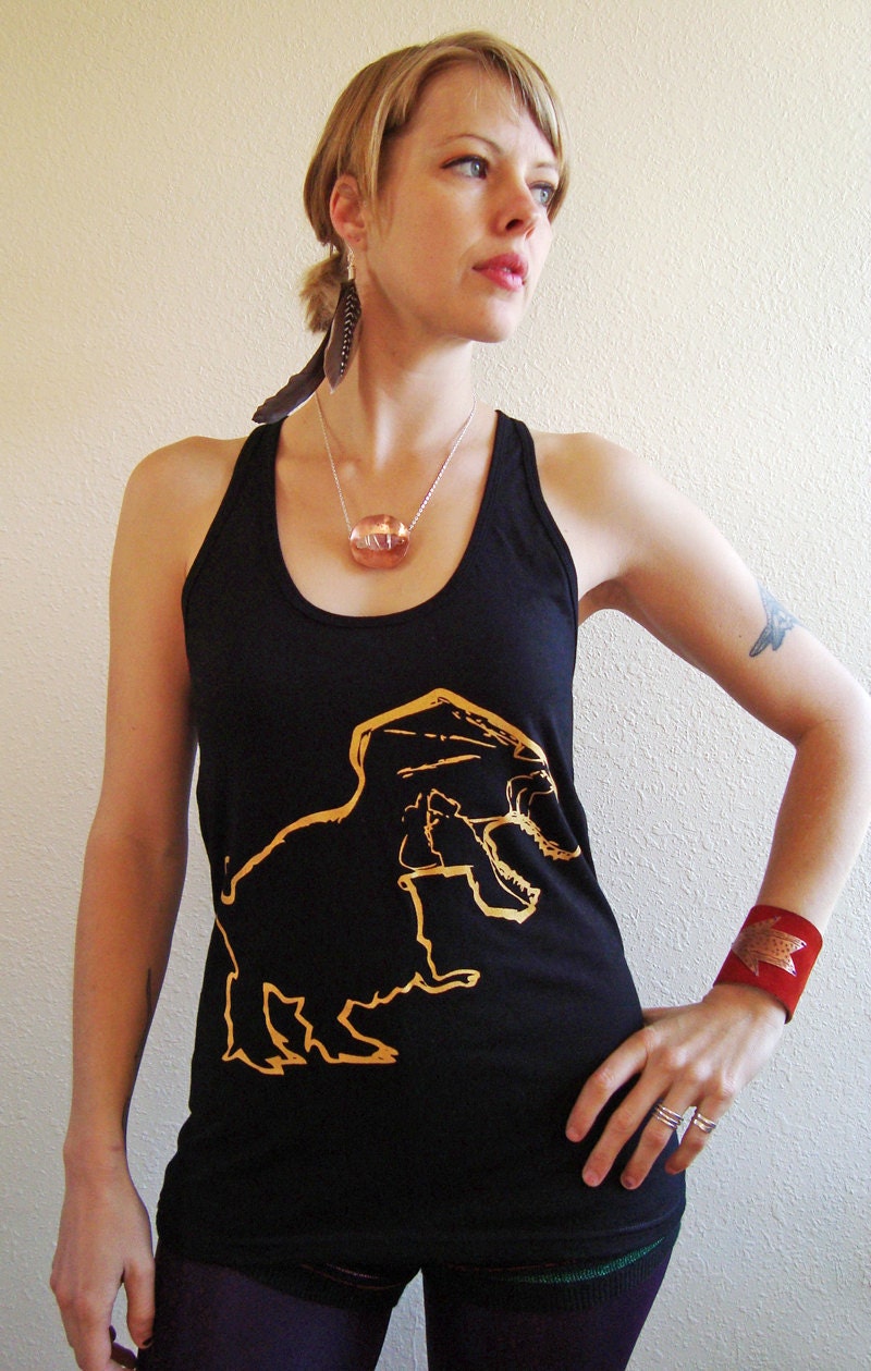 TRex racerback tank top -  eco-friendly gold ink screenprint on black cotton - womens sizes S, M, L