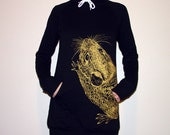 NEW Mouse with tail on the back hoodie dress - eco-friendly gold ink screenprint on black cotton fleece -  OS/Medium
