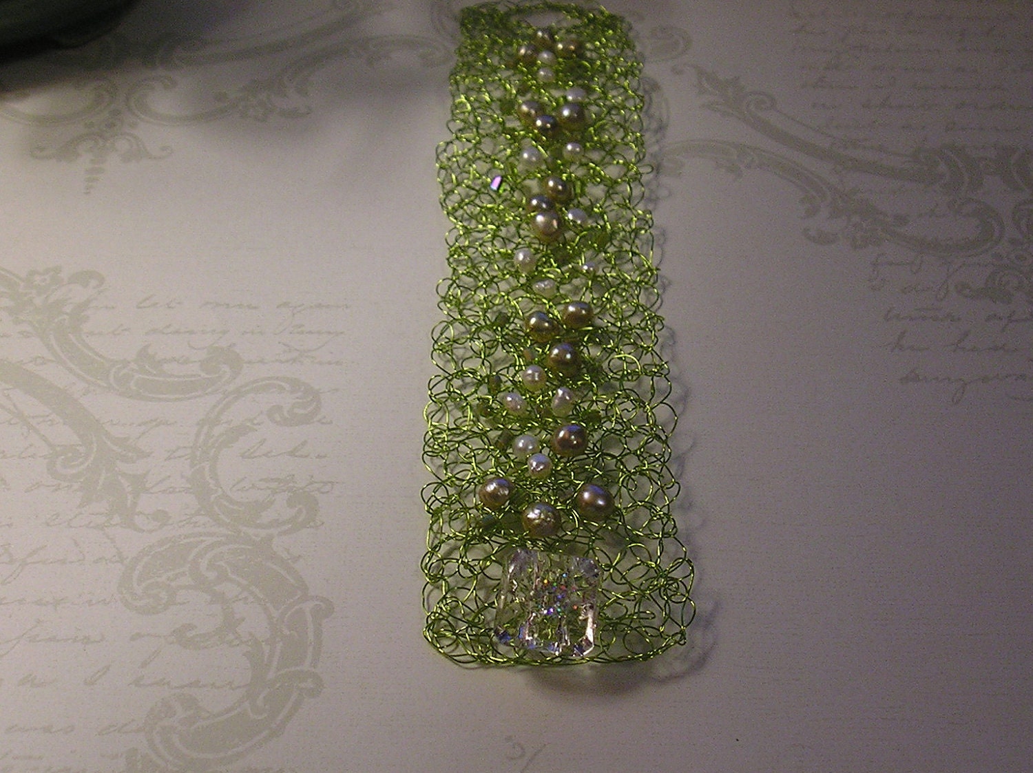 Petite Sparkley Lime Green Cuff with Fresh Water Pearls, Crocheted Cuff, Gifts for Mother
