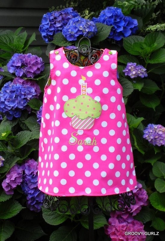 Birthday A Line Dress Reversible with Appliqued Cupcake and Monogram by Groovy Gurlz  Available in Sizes 6m, 12m, 18m, 2t, 3t, 4t, 5y, 6y