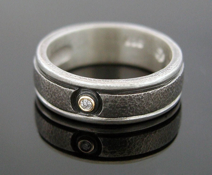 Man's Wedding Ring in hammered, textured silver with non conflict diamond  and 18K gold. Made to order, needs three weeks to complete
