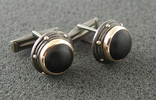 Black onyx cuff links in oxidized, hammered silver and 14K gold. Ready to ship.