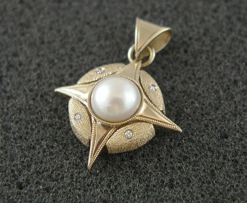 Unique textured, hammered gold pendant with natural pearl and diamonds. Made to order, ships in three weeks