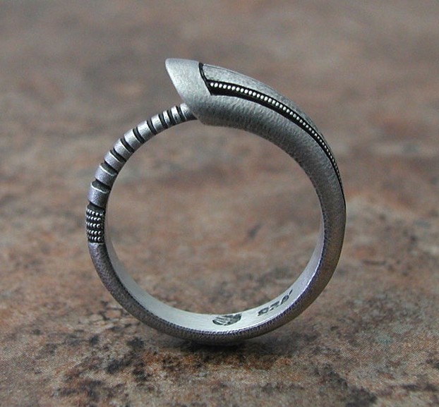 Ouroboros Ring, contemporary design, in textured, hammered and oxidized silver. Made to order, needs three weeks to complete