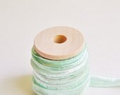 Seafoam aqua blue pearl herringbone ribbon trim on a wood spool -5 yards