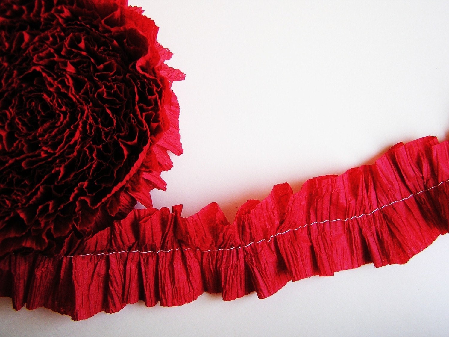 Scarlet Ruffled Crepe Trim/ Garland - for gift wrapping, altered art, scrapbooking, decorating, weddings, party supply, holiday